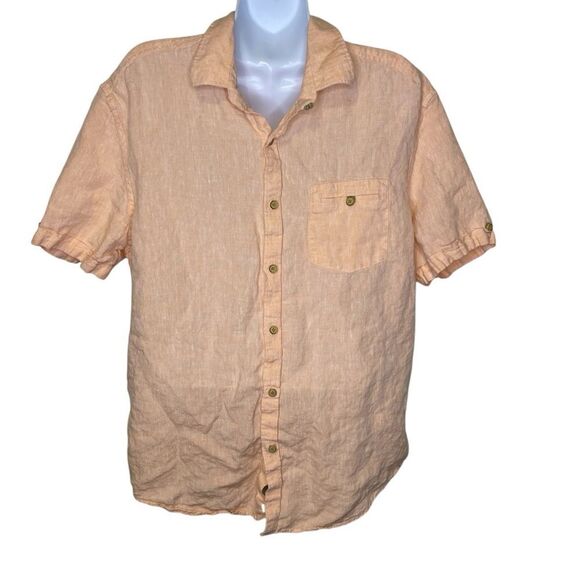 Baird McNutt Linen MURANO Men's Casual Button Down Short Sleeve Shirt Peach L - Picture 1 of 9